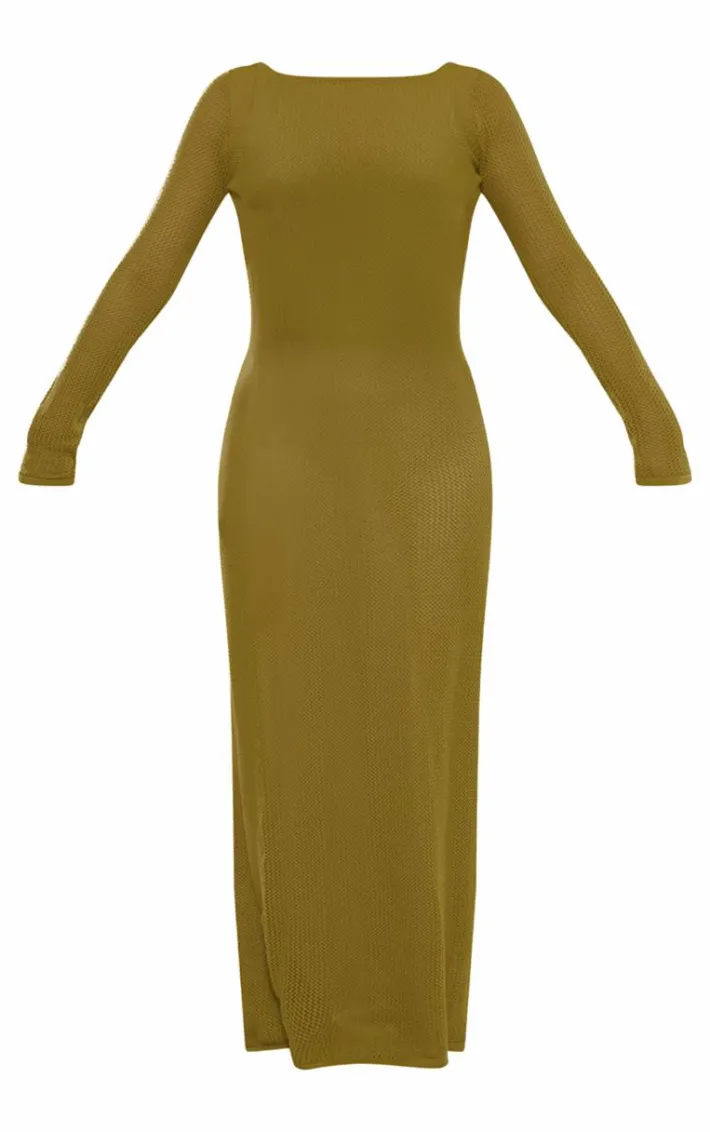 Olive Basic Crochet Knit Open Back Maxi Dress