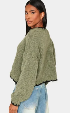Olive Blanket Stitch Oversized Knit Sweater