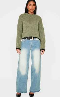 Olive Blanket Stitch Oversized Knit Sweater