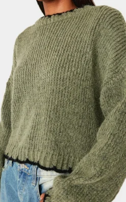Olive Blanket Stitch Oversized Knit Sweater