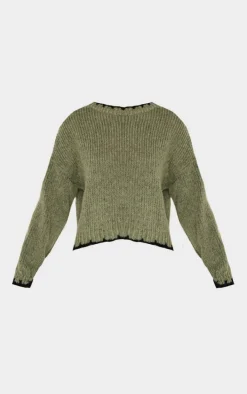 Olive Blanket Stitch Oversized Knit Sweater