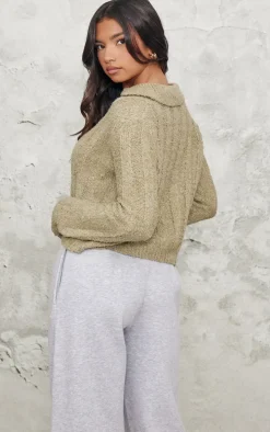 Olive Bobble Knit Collar Detail Top