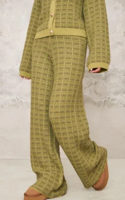 Olive Boucle Knit Wide Leg Pants