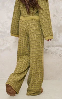 Olive Boucle Knit Wide Leg Pants