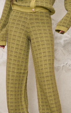 Olive Boucle Knit Wide Leg Pants