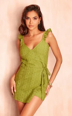 Olive Broiderie Frill Strappy Wrap Skort Romper