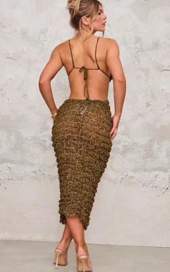 Olive Bubble Texture Open Back Midi Dress