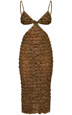 Olive Bubble Texture Open Back Midi Dress