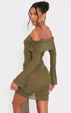 Olive Burnout Mesh Long Sleeve Bardot Ruched Bodycon Dress