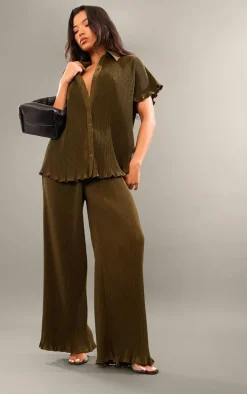 Olive Chiffon Plisse Oversized Wide Leg Pants