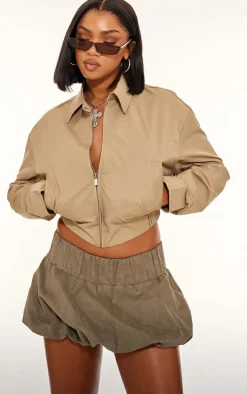 Olive Cotton Canvas Collar Detail Zip Up Jacket