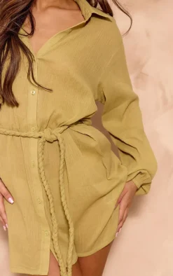 Olive Cotton Crepe Tie Waist Shift Dress