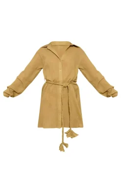 Olive Cotton Crepe Tie Waist Shift Dress