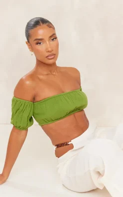 Olive Cotton Shirred Puff Sleeve Crop Top