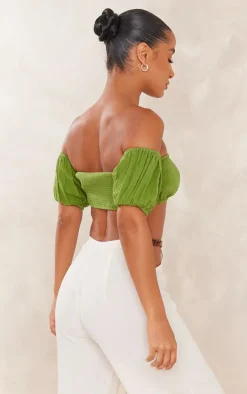 Olive Cotton Shirred Puff Sleeve Crop Top