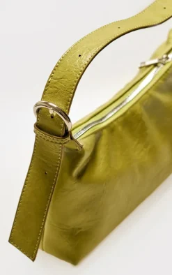 Olive Crinkle PU Buckle Detail Shoulder Bag