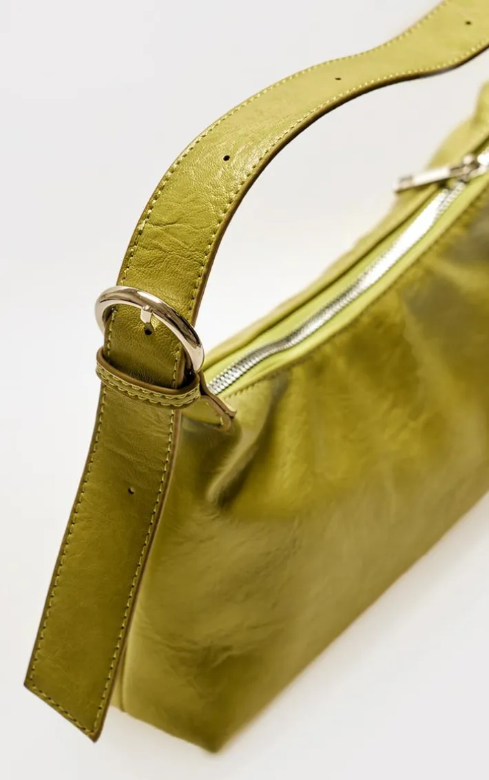 Olive Crinkle PU Buckle Detail Shoulder Bag