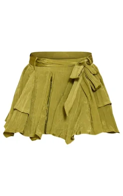 Olive Crinkle Satin Belted Mini Skort