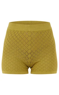 Olive Diamond Knit Mini Shorts