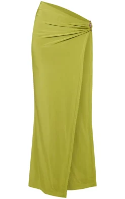 Olive Double Layer Slinky Ruched Asymmetrical Maxi Skirt