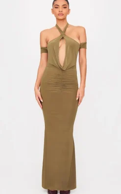 Olive Double Layer Slinky Cowl Neck Sleeve Detail Maxi Dress