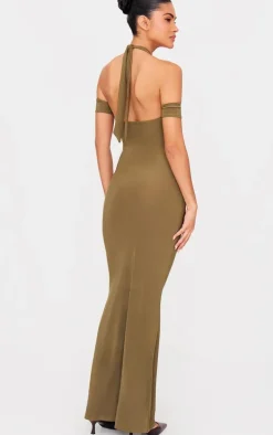 Olive Double Layer Slinky Cowl Neck Sleeve Detail Maxi Dress
