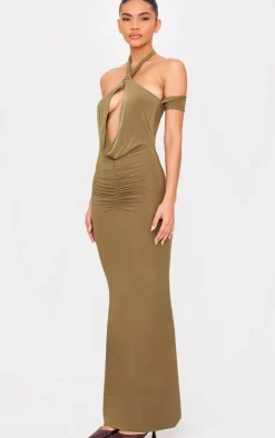 Olive Double Layer Slinky Cowl Neck Sleeve Detail Maxi Dress