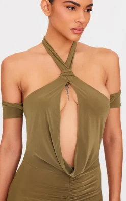 Olive Double Layer Slinky Cowl Neck Sleeve Detail Maxi Dress