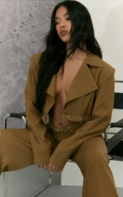 Olive Eyelet Detail Cut Out Waist Straight Leg Pants