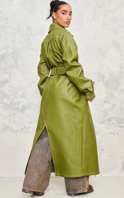 Olive Faux Leather Contrast Stitch Split Hem Trench Coat