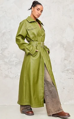 Olive Faux Leather Contrast Stitch Split Hem Trench Coat