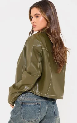 Olive Faux Leather Contrast Stitch Jacket