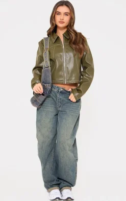 Olive Faux Leather Contrast Stitch Jacket