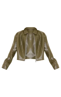 Olive Faux Leather Contrast Stitch Jacket