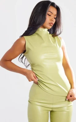 Olive Faux Leather High Neck Asymmetric Hem Side Ruched Top