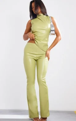Olive Faux Leather High Neck Asymmetric Hem Side Ruched Top