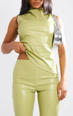 Olive Faux Leather High Neck Asymmetric Hem Side Ruched Top
