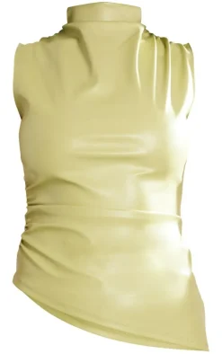 Olive Faux Leather High Neck Asymmetric Hem Side Ruched Top