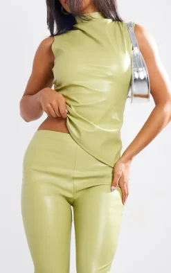 Olive Faux Leather High Waisted Flared Pants