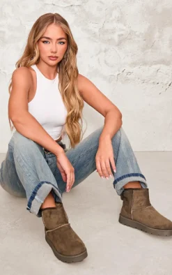 Olive Faux Suede Cleated Ankle Boots