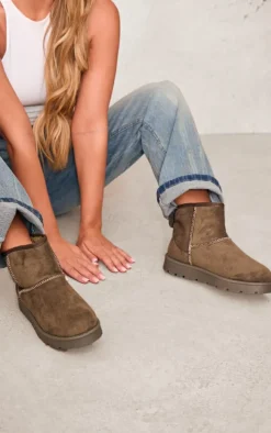 Olive Faux Suede Cleated Ankle Boots