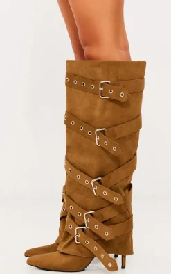 Olive Faux Suede Point Toe Fold Over Buckle Strap Knee High Heeled Boots