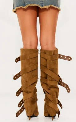 Olive Faux Suede Point Toe Fold Over Buckle Strap Knee High Heeled Boots