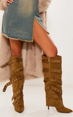 Olive Faux Suede Point Toe Fold Over Buckle Strap Knee High Heeled Boots