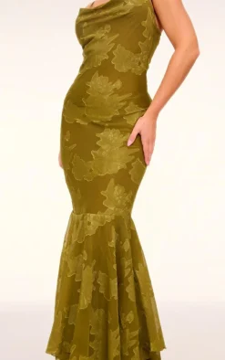 Olive Floral Devore Cowl Neck Frill Hem Maxi Dress