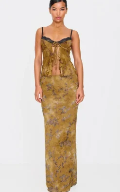 Olive Floral Devore Low Rise Maxi Skirt