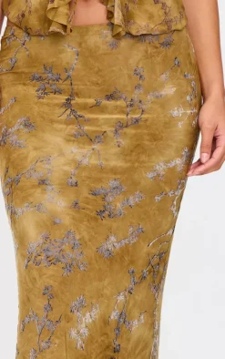 Olive Floral Devore Low Rise Maxi Skirt