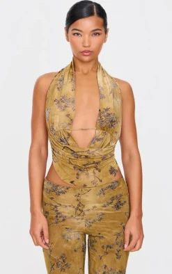 Olive Floral Print Devore Halterneck Top