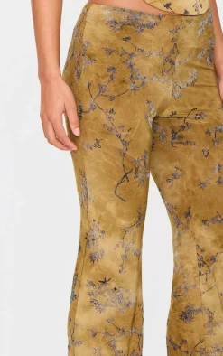 Olive Floral Print Devore Slim Flare Pants