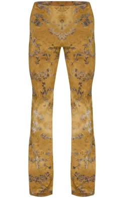 Olive Floral Print Devore Slim Flare Pants